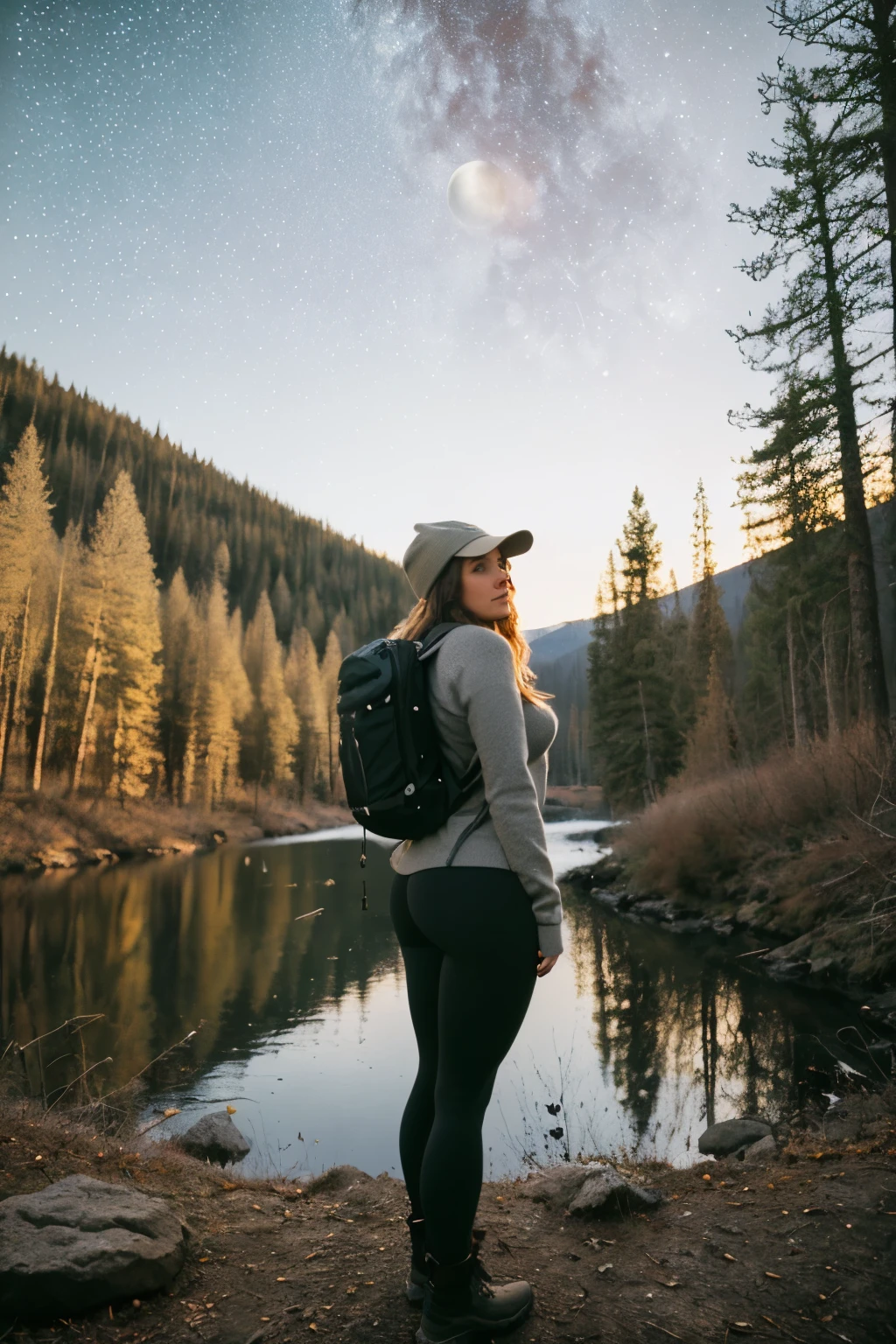 1 woman((full body shot, happy)), masterpiece, best quality, ultra-detailed, solo, outdoors, (night), mountains, nature, (stars, moon) cheerful, happy, backpack, sleeping bag, camping stove, water bottle, heart shaped all, perfect ass, large ass, wide hips, tight black yoga pants, mountain boots, gloves, large breasts, huge tits visible through sweater, hat, flashlight, forest, rocks, river, wood, smoke, shadows, contrast, clear sky, analog style (look at viewer:1.2) (skin texture) (film grain:1.3), (warm hue, warm tone)