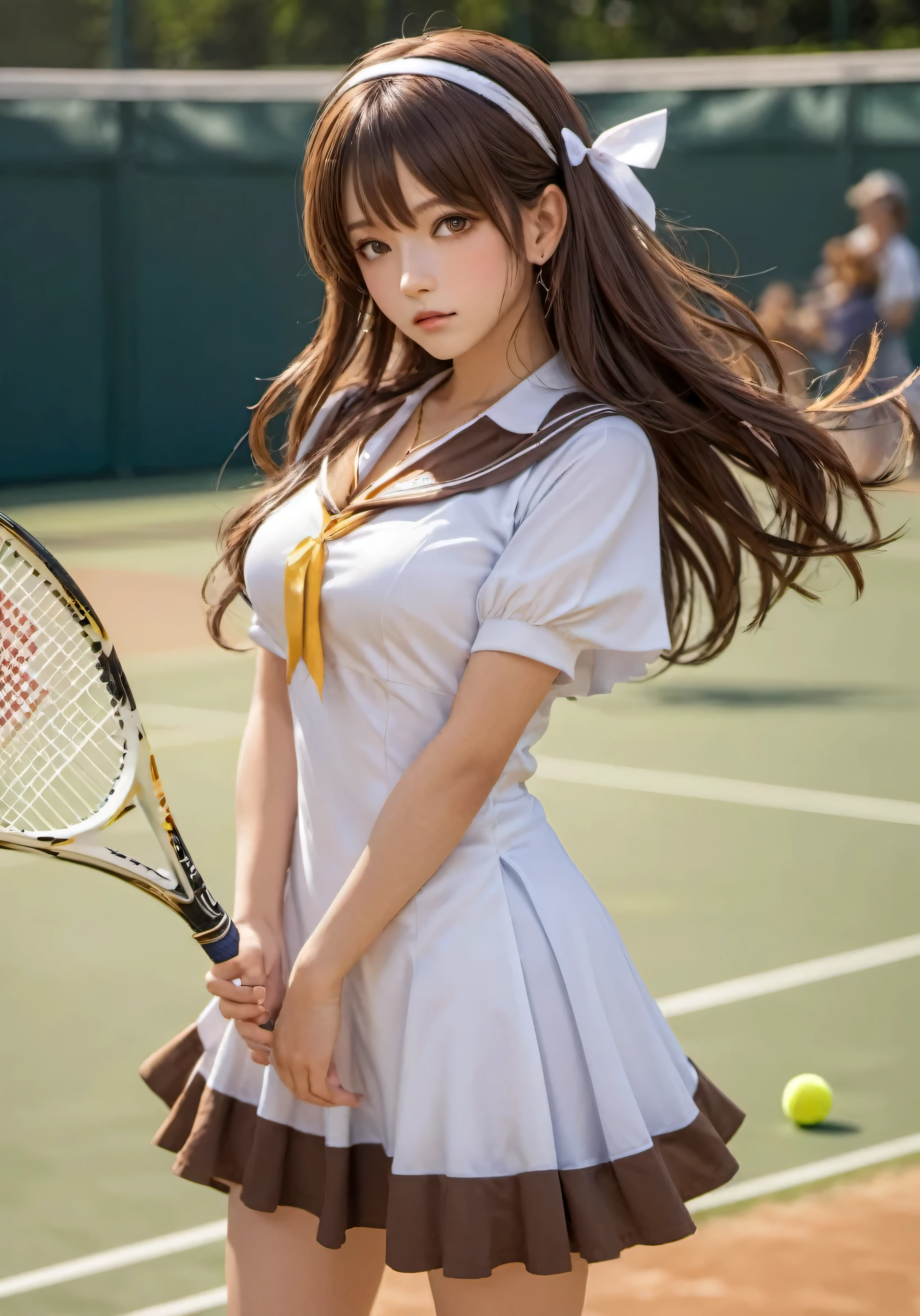 hotograph, disorganized, High resolution, super detailed, maid girl,:d,((Hair with loose waves inside:1.2)),((gold necklace＿Large earrings:1.2)),((Super long brown hair:1.2))((Tennis costume (((tennis field))), outside:1.3)),((look down at the viewer,from below:1.5)),