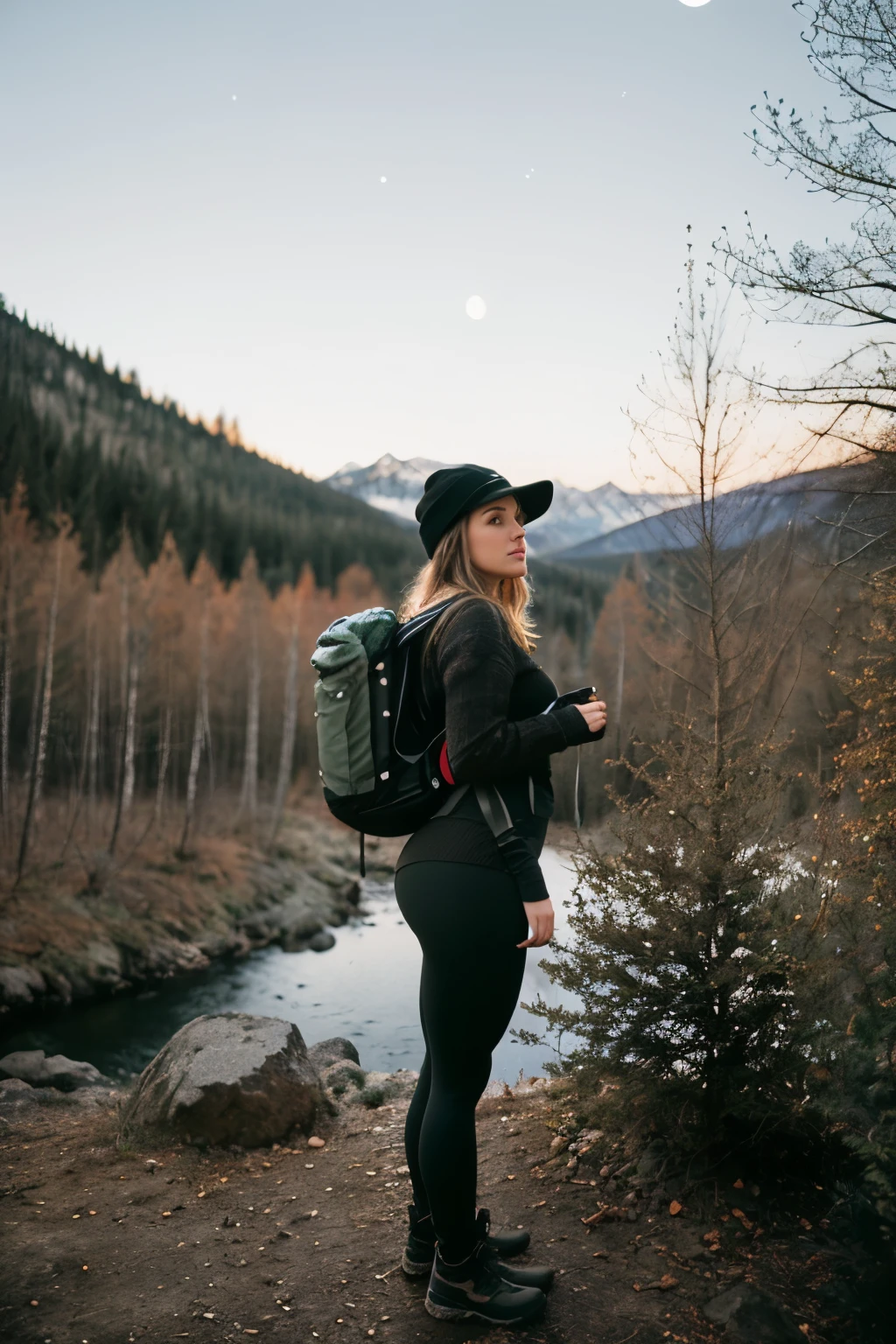 1 woman((full body shot, happy)), masterpiece, best quality, ultra-detailed, solo, outdoors, (night), mountains, nature, (stars, moon) cheerful, happy, backpack, sleeping bag, camping stove, water bottle, heart shaped all, perfect ass, large ass, wide hips, tight black yoga pants, mountain boots, gloves, large breasts, huge tits visible through sweater, hat, flashlight, forest, rocks, river, wood, smoke, shadows, contrast, clear sky, analog style (look at viewer:1.2) (skin texture) (film grain:1.3), (warm hue, warm tone)