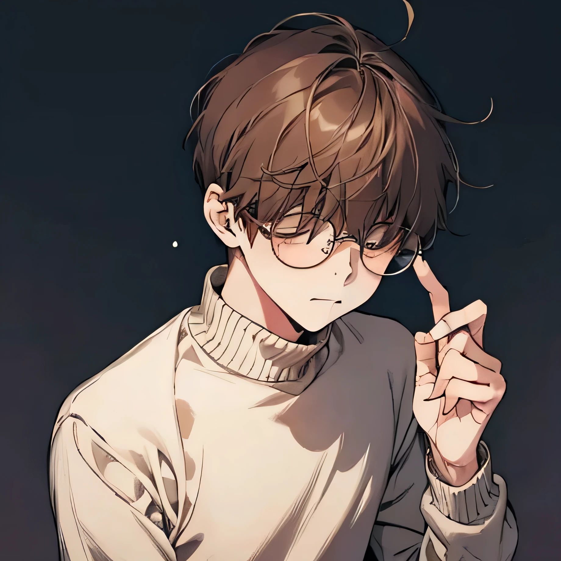 Male, slim, nerdy boy, weakling, round glasses, embarrassed, brown hair, sweater, hair over eyes, sweet, small eyes, Asian eyes