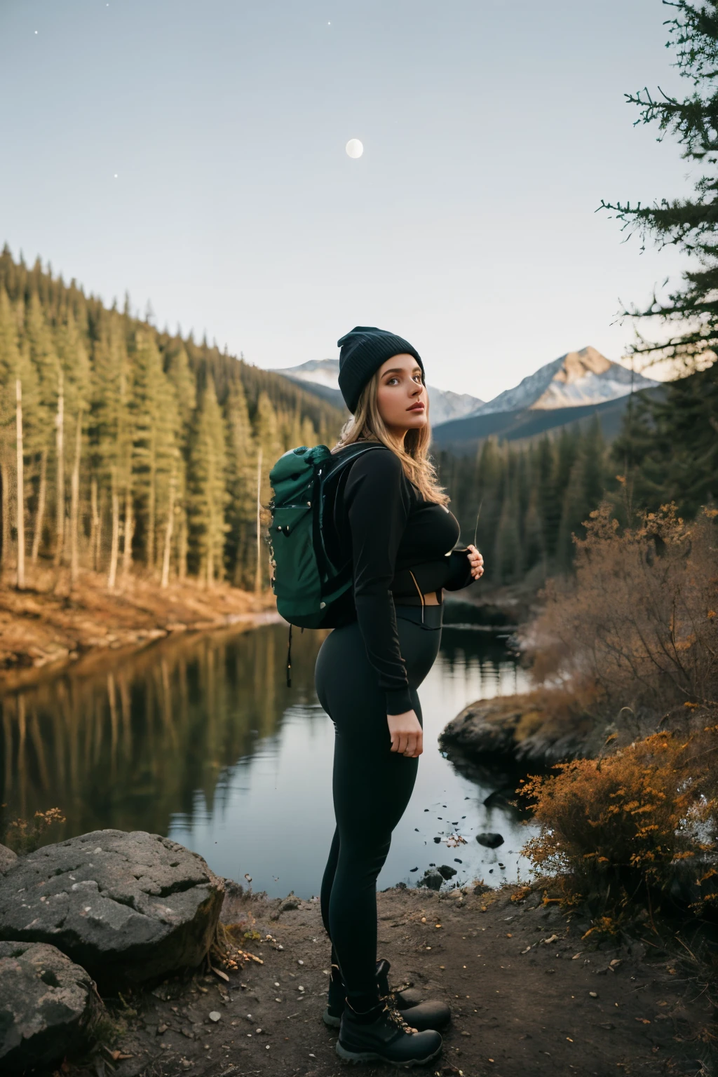 1 woman((full body shot, happy)), masterpiece, best quality, ultra-detailed, solo, outdoors, (night), mountains, nature, (stars, moon) cheerful, happy, backpack, sleeping bag, camping stove, water bottle, heart shaped all, perfect ass, large ass, wide hips, tight black yoga pants, mountain boots, gloves, large breasts, huge tits visible through sweater, hat, flashlight, forest, rocks, river, wood, smoke, shadows, contrast, clear sky, analog style (look at viewer:1.2) (skin texture) (film grain:1.3), (warm hue, warm tone)