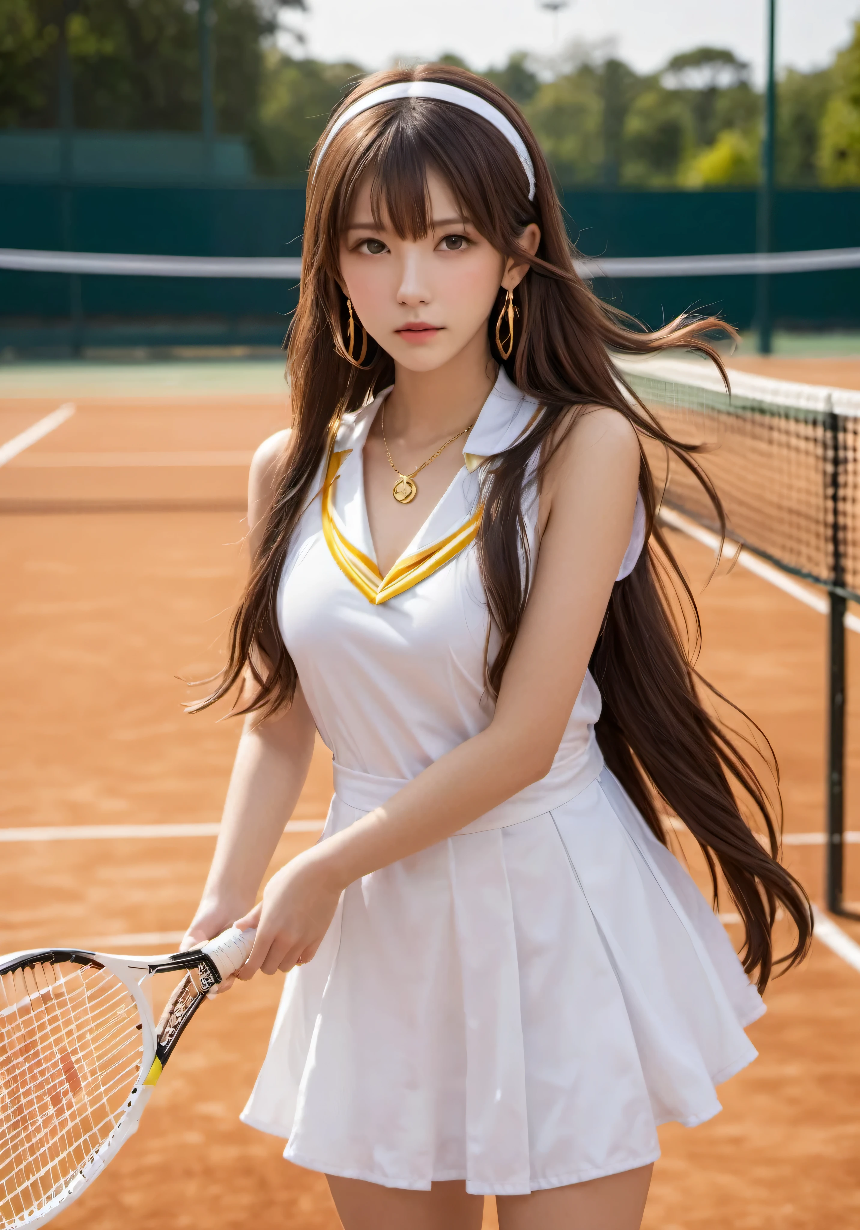hotograph, disorganized, High resolution, super detailed, maid girl,:d,((Hair with loose waves inside:1.2)),((gold necklace_Large earrings:1.2)),((Super long brown hair:1.2))((Tennis costume (((tennis field))), outside:1.3)),((look down at the viewer,from below:1.5)),