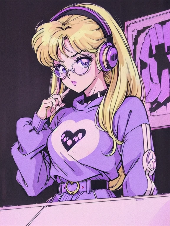 (Blonde Barbie:1.2),(vintage 90's:1.1),(romance anime style:1.3), white glasses, headphones, dark cyberpunk, dark color scheme with a black and purple background, waist up, baggy sweatshirt with pants, simple background