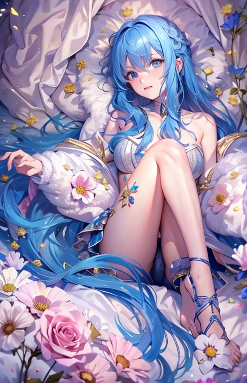 ((highest quality)), ((masterpiece)), (get used to it), perfect face , beautiful girl , Beautiful long blue hair , beautiful blue eyes , In underwear , Blue roses scattered , lie on the bed ,