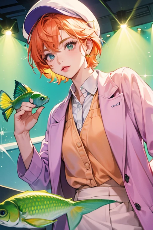 The bakery fish is a light green fish with orange hair and reddish-pink lips. She also has olive-green spots and blue-lavender eyelids. She wears a light pink shirt with purple pants, a white crumbled up hat, and a white coat. SPARKLE; GLITTER