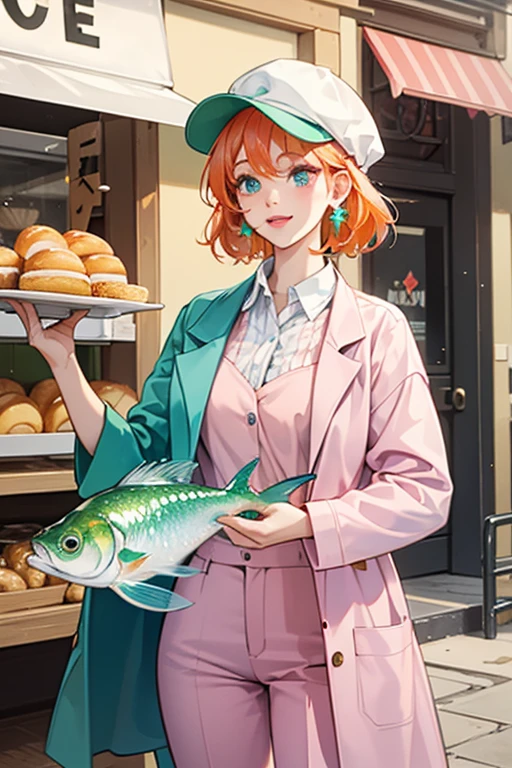 The bakery fish is a light green fish with orange hair and reddish-pink lips. She also has olive-green spots and blue-lavender eyelids. She wears a light pink shirt with purple pants, a white crumbled up hat, and a white coat. SPARKLE; GLITTER