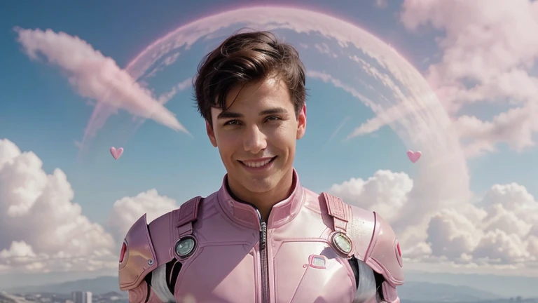 Handsome man with short hair in a beautiful fantastic futuristic setting surrounded by hearts in a dreamy environment with pink clouds looking like the sky and a beautiful smile on his face