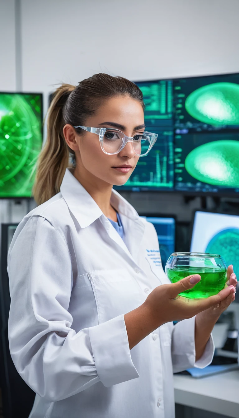 Por favor,((Mejor calidad)), ((obra maestra)), (detallado), cara perfecta, cuerpo entero, esbelta, Beautiful 30 year old woman, pony tail hair, vestida con camisa rosada formal, bata de laboratorio blanca larga, jean azul, blue personal protection elements, In his hands he carries a small glass container containing a strange green substance., in futuristic chemistry laboratory, cutting edge technology, mesa de laboratorio, anaquel atiborrado de abundantes y variados instrumentos y material de laboratorio, montaje de experimento, montaje de proceso, in the background touch screen computer with diagram, equipo de laboratorio, gafas de seguridad, casco, botas de seguridad, in the back silver orange toxic substance storage tanks, muchas gracias.
