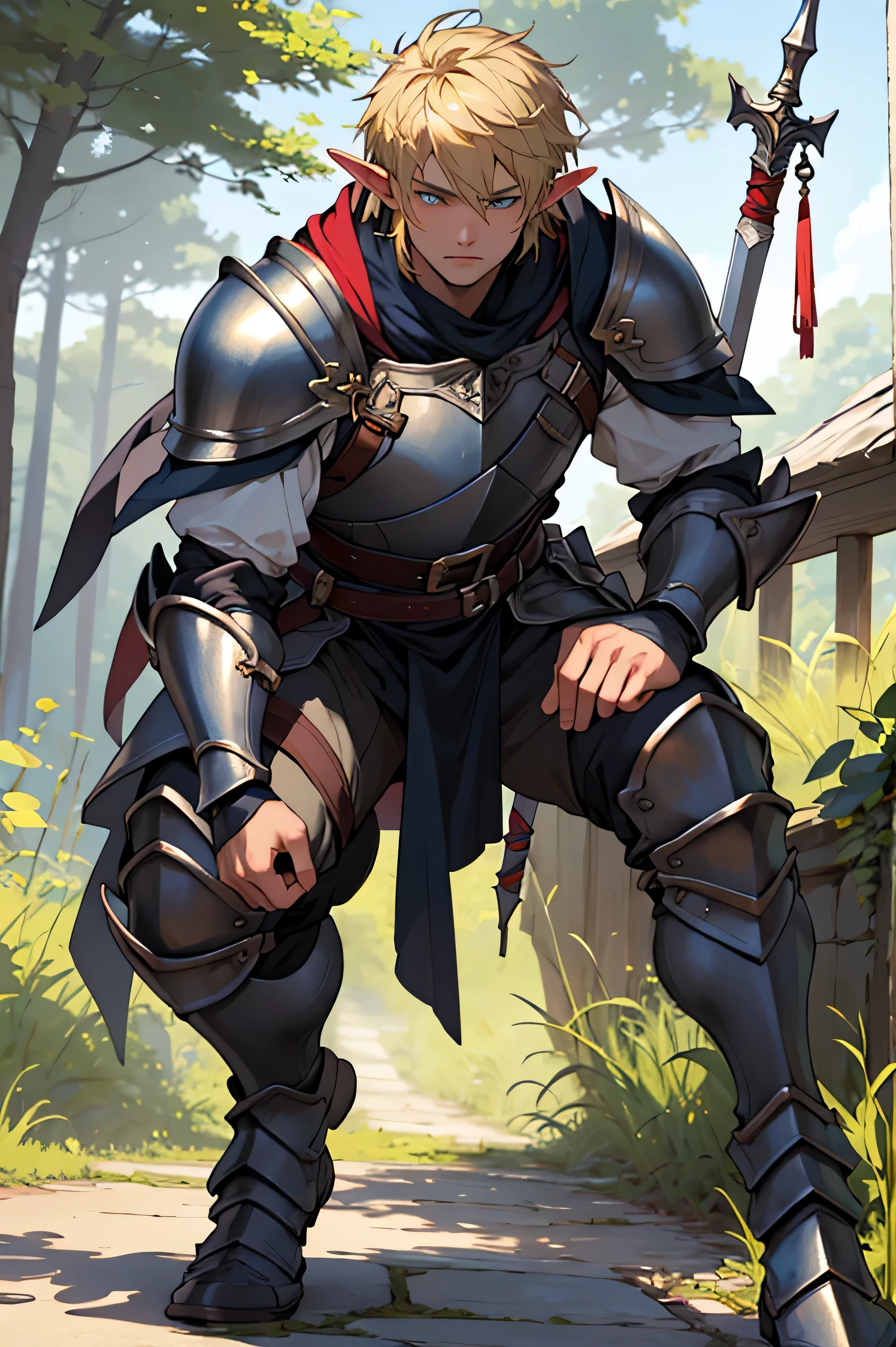 ((best quality)), ((masterpiece)), (detailed), perfect face, 1 boy, Elf, Blonde, wearing armor, Rapier, Traveling, Full body, Male 