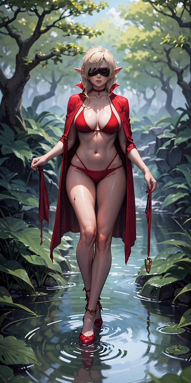 Full body, masterpiece, female drow elf purple skin standing pose, red cape, red bikini, long blonde hair, strong body, high heels, swamp background, water surface, daylight, trees, slave female with choker, blindfolded, shackles on legs and arms