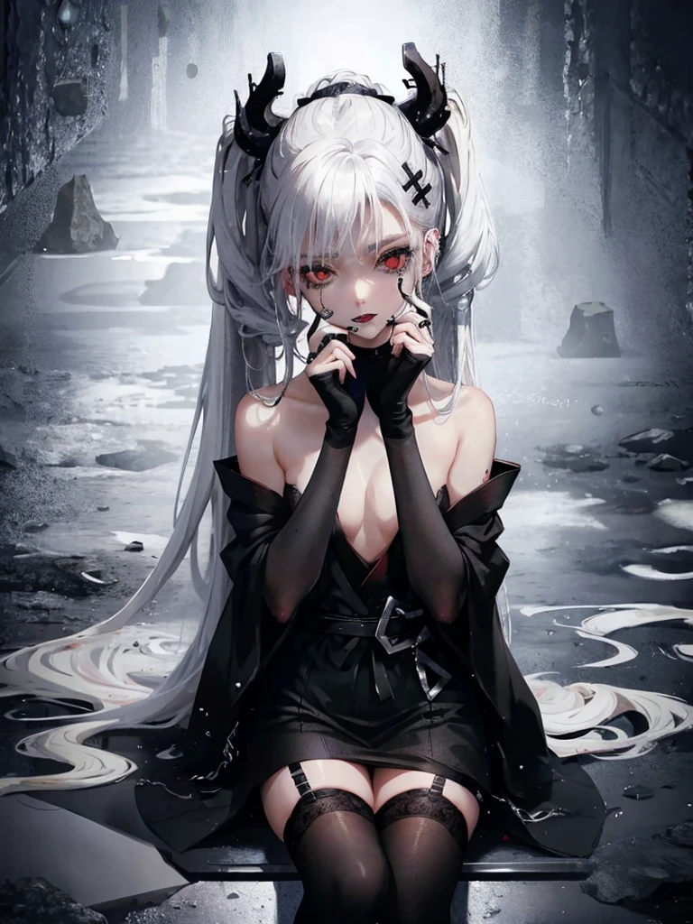 Masterpiece, best quality, high quality, ultra detailed, 1girl, looking at viewer, white hair, gray eyes, black lipstick, black shirt, sitting on a white floor, demon girl, gothcore, 1 3 -  - old,th girl, japanese gothic, gothic punk style, black metal style, hands on head,.yurikiss、Girl kissing girl、red eyes、