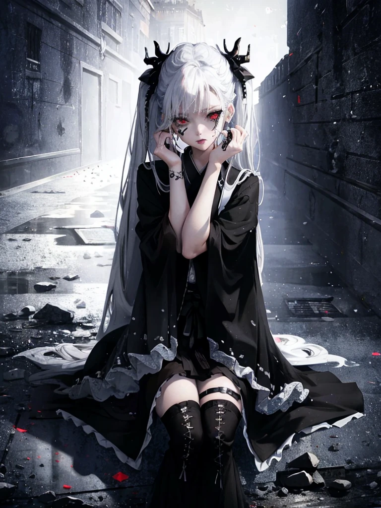 Masterpiece, best quality, high quality, ultra detailed, 1girl, looking at viewer, white hair, gray eyes, black lipstick, black shirt, sitting on a white floor, demon girl, gothcore, 1 3 -  - old,th girl, japanese gothic, gothic punk style, black metal style, hands on head,.yurikiss、Girl kissing girl、red eyes、