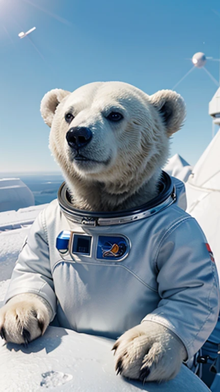 Polar bear wearing helmet and space suit, Polar Bear Astronaut, Lovely 3D rendering, dwarf, Polar bear looking up, Portrait cartoon space cadet polar bear, Cute 3D anime cub rendering, Lovely and detailed digital art, Explorer Mini Cute Polar Bear, 3D rendering stylization, 3D rendering character art 8K, cute numbers, Anime style 3D, Ultra-detailed rendering
