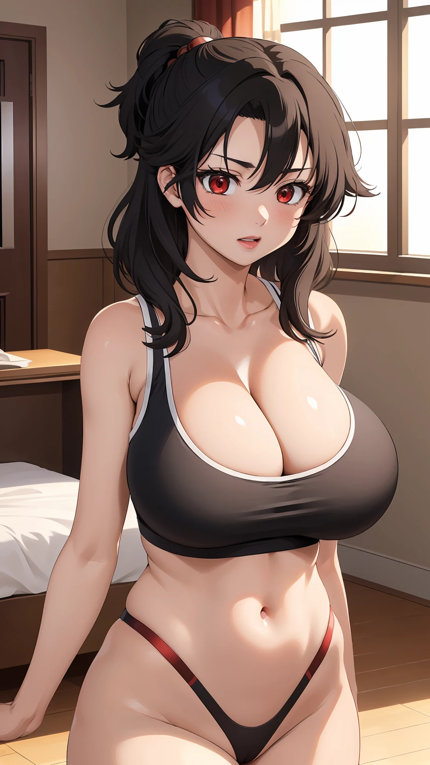 masterpiece, ultra high-quality, extremely detail 8k cg, high resolution, 1girl, kurenai yuhi, black hair, red eyes, thin body, huge breasts, bursting breasts, sleeveless, sports bra, highleg panties, beautiful face, indoors, full shot photo