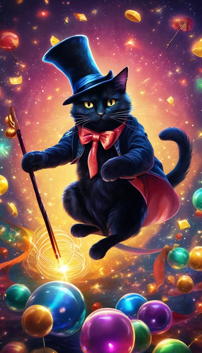 (best quality,4K,8K,high resolution,masterpiece:1.2),Super detailed,(actual,photoactual,photo-actual:1.37),a whimsical illustration,Black Cat as Magician,put on top hat,holding a magic wand,Rotation,colorful spell,Enchantment