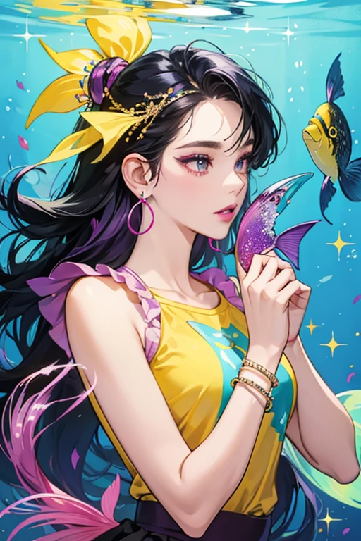 She is a light purple fish with magenta lips and black hair. She wears yellow earrings, a couple of yellow bracelets, a teal shirt, and a teal fish in her hair. SPARKLE; GLITTER