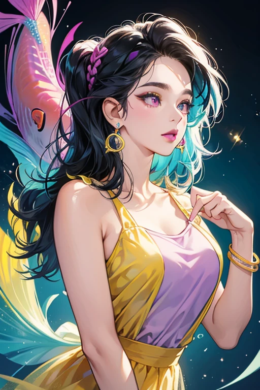 She is a light purple fish with magenta lips and black hair. She wears yellow earrings, a couple of yellow bracelets, a teal shirt, and a teal fish in her hair. SPARKLE; GLITTER