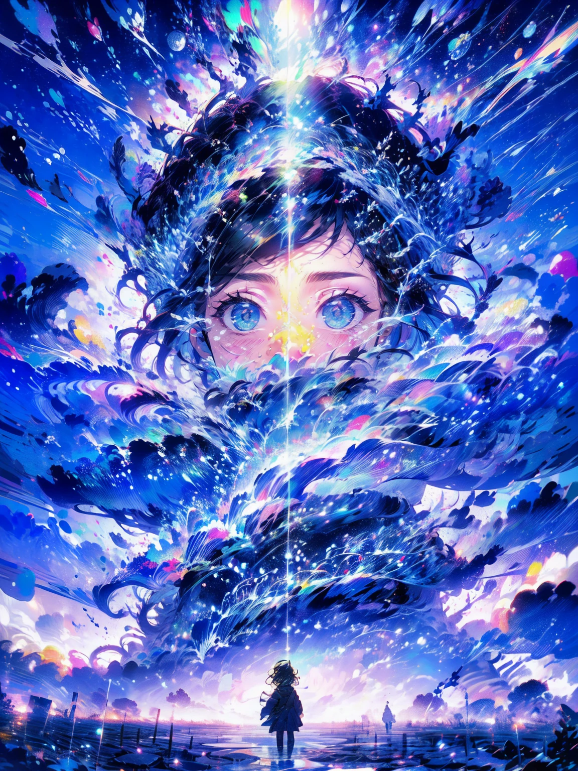 master painting,optimal quality,rain,adult woman,beauty、Very depressing,With short black hair,is crying,When I look up at the cloudy sky、Neon street in the background、Neon color is blue.