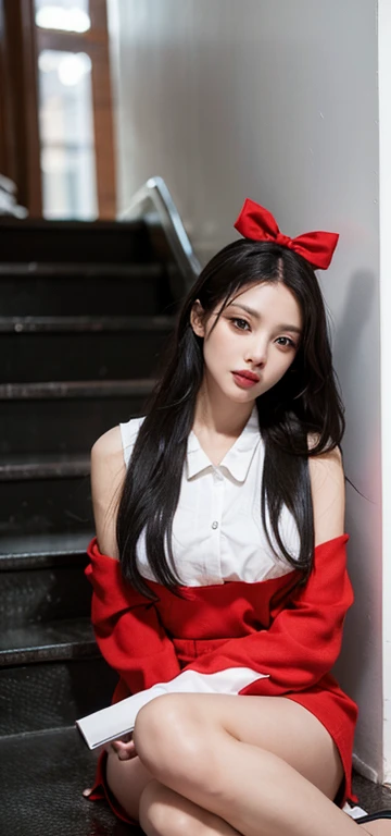 The image features a beautiful young woman with long black hair, wearing a black and white with a red bow. She is sitting on stairs and posing for the camera. Open blouse