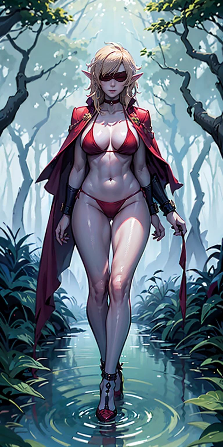 Full body, masterpiece, female drow elf purple skin standing pose, red cape, red bikini, long blonde hair, strong body, high heels, swamp background, water surface, daylight, trees, slave female with choker, blindfolded, shackles on legs and arms