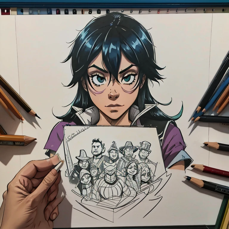 someone holding a drawing of a bunch of people in a room, line sketch!!, fanart detalhada, sketch art, desenho de desenho animado, caracteres mesclados, official de arte, fanart de videogame, fanart requintada altamente detalhada, cel sombreado!!!, delineado!!!, sombreamento!!!, de arte, 4k!!!, Waldo no canto superior direito do quadro, Gorillaz Fase 1