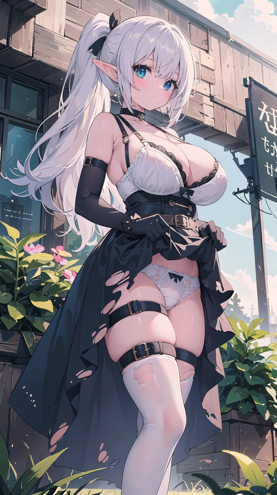 ((((Masterpiece)))), beautiful details, perfect focus, smooth 8K wallpaper, 4320p, high resolution, exquisite texture in every detail, perfect eyes very high detailed, perfect pupils, sclera_eyes_detail, eyes:1.2, human anatomy correct, pastel, hyper_detailed:1.5, (masterpiece), (picture-perfect:1.4), poto, 4k, UHD, high_resolution, very_high_resolution, ((1girl elf)), (18 years old), solo, long hair, heterochromia eyes, red_blue eyes, breasts, skirt, gloves, dress, bare shoulders, ((((gigantic_breasts)))), outdoors, white hair, choker, black gloves, belt, black skirt, clothes lift, black dress, side ponytail, thigh strap, white bra, white panties, pussy.detailed, tight black thigh high stockings, torn torn clothes, skirt lift, lifted by self, black belt, front_view, ((from_below))