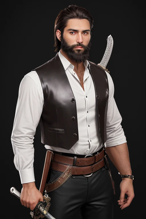 25 year old man dark brown hair with beard muscular build white shirt black leather vest black pants black belt with cross buckle city background of New Orleans belt with gun sword holder on leather back silver handled sword potion attached to belt 
