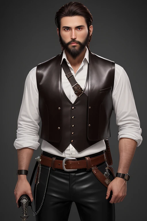 25 year old man dark brown hair with beard muscular build white shirt black leather vest black pants black belt with cross buckle city background of New Orleans belt with gun sword holder on leather back silver handled sword potion attached to belt 