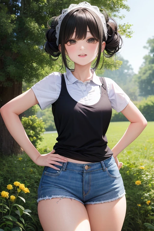 masterpiece、、1 female student、(((Missing arm，Bare arms，black short sleeves)))White cloth bun、Shoulder leakage、chubby、Smile、(((、Lace、)))pale pink lips、posing at school，（Soaked），legs are open， solo, White Polo Shirt, looking at the audience,  (Thick thighs:1.0),It&#39;s raining,Red eyes, Blushed,blunt hair,flower headdress，lawn，hands on hips，creek，black hair，Denim shorts，Open denim vest