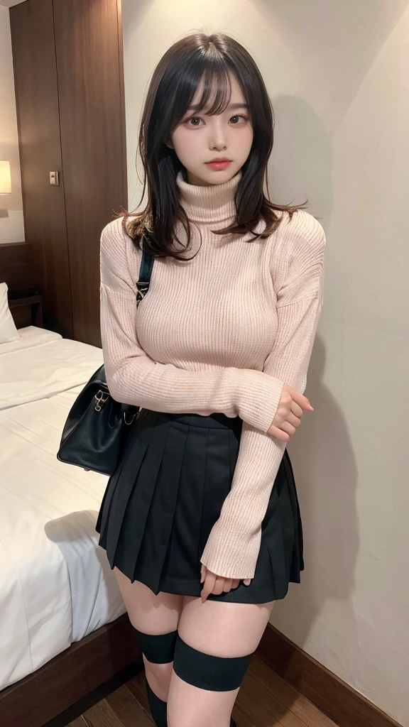 muste piece, best quality, illustration, Super detailed, fine details, High resolution, 8K,wall paper, perfect dynamic composition,(Details High quality, realistic depiction of eyes:1.3), Tight turtleneck pink sweater, pleated skirt, knee high socks, short bob hair, black hair color, Big Natural Color Lip, bold sexy pose, (perfect body shape), crying a little、cold gaze, Harajuku style、20 year old girl、cute type、lolita、beautiful legs, hotel room, hposing Gravure Idol, Voluptuous thighs