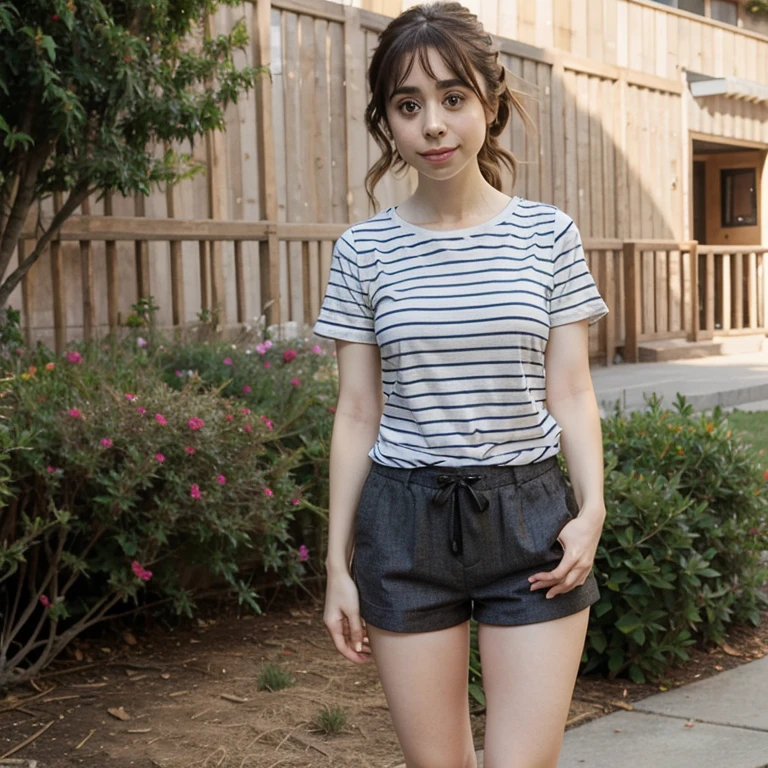 Cristin Milioti dressed in a striped shirt with shorts
