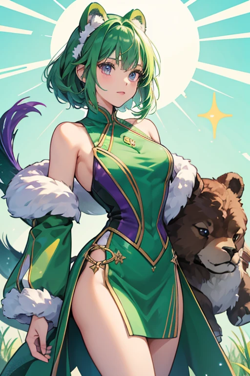 She is a  green fish with a purple tail fin. She is also dressed with armor on her shoulders and brown bearskin on her chest. SPARKLE; GLITTER