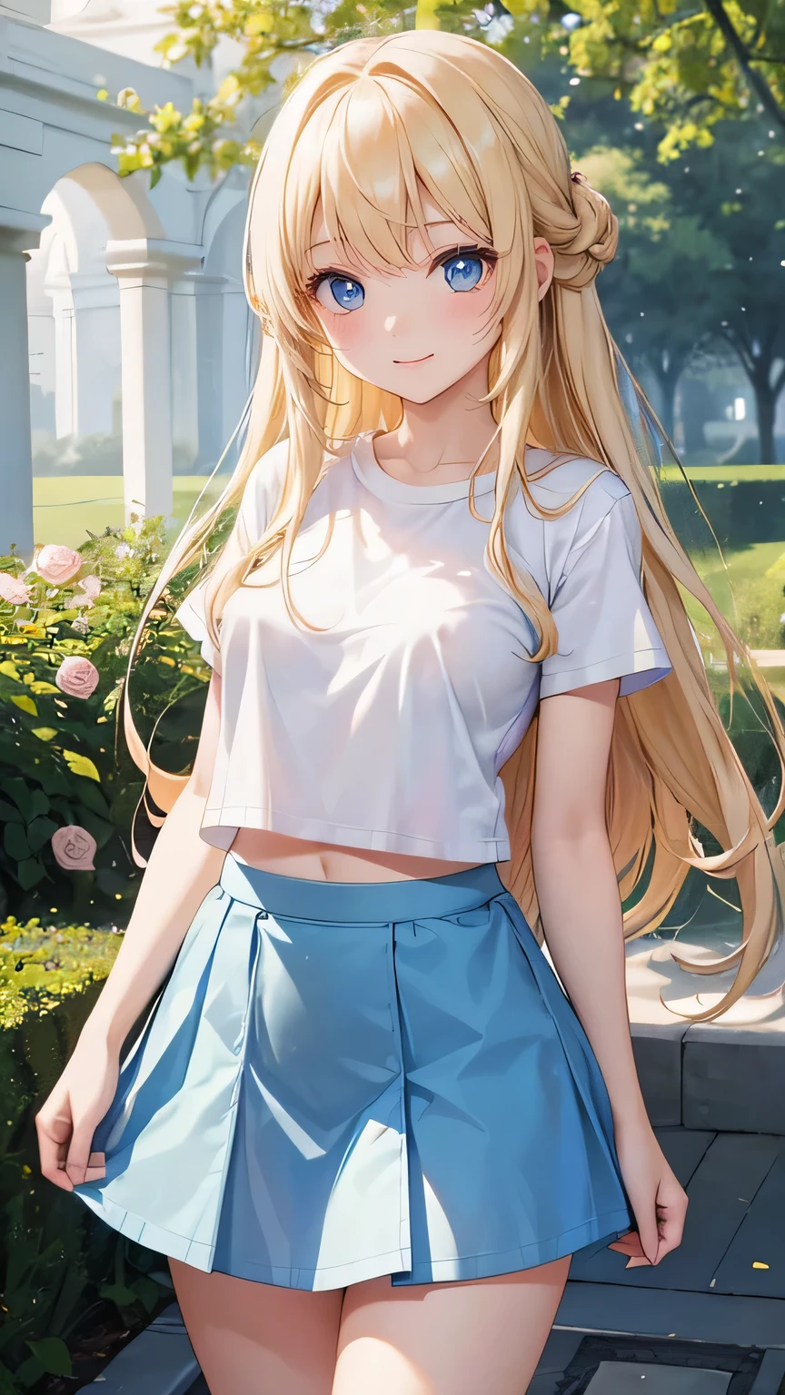 very cute girl、(14 years old)、light yellow hair、Long Straight Hair、Bangs are too close to the eye、Light Blue Eye、(Normal human ear)、thin arms、Beautiful body、slim legs、large, well-shaped breasts,、clear white skin、smile、(Open-chested T-shirt、mini skirt、White and blue)、I know the shape of the nipples、(rose garden)、Super high quality、digital single lens reflex、