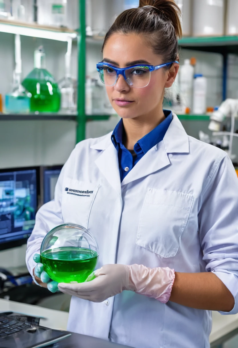 Por favor,((Mejor calidad)), ((obra maestra)), (detallado), cara perfecta, cuerpo entero, esbelta, Beautiful 30 year old woman, pony tail hair, vestida con pink camisa formal, bata de laboratorio blanca larga, jean azul, blue personal protection elements, In his hands he carries a small glass container containing a strange green substance., in futuristic chemistry laboratory, cutting edge technology, mesa de laboratorio, anaquel atiborrado de abundantes y variados instrumentos y material de laboratorio, montaje de experimento, montaje de proceso, in the background touch screen computer with diagram, equipo de laboratorio, gafas de seguridad, casco, botas de seguridad, in the back silver orange toxic substance storage tanks, muchas gracias.