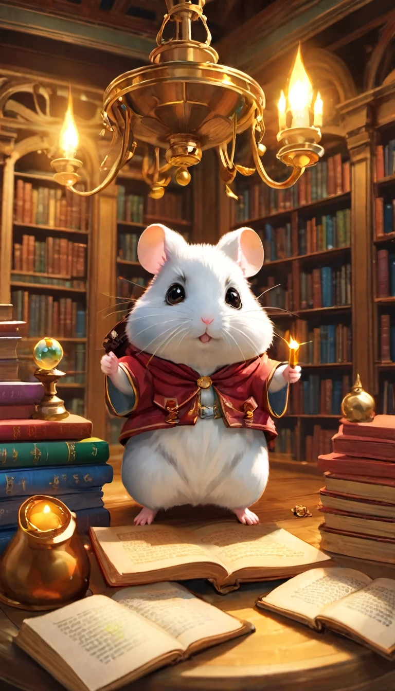 (一只hamster,cartoon) wear (adventure set,Outdoor adventurer clothing) stand in front (magic library,Library full of books,magic的书架,mystery收藏). hamster和一个 (Explorer backpack,Adventure Backpack) on its back. The library is full (mystery古籍,A magnum opus of magic,Engaging reel,manuscript) There is still one (big chandelier,magic chandelier) hanging from ceiling, Cast soft (warm light,magic light) on site. hamster'Her eyes sparkled with curiosity,Look around in awe. Hamster excitedly embarks on a magic adventure, Get ready to uncover the secrets hidden in the library books. The colors in the scene are::: (a vibrant,magic,rich), if you have any suggestions (mystery,ethereal) The color palette creates a charming atmosphere. The image should be (best quality,high resolution,Super detailed), Every thread and page is carefully rendered.