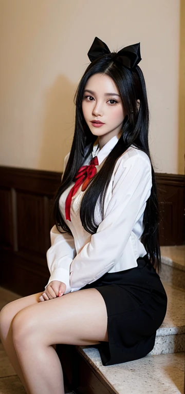 The image features a beautiful young woman with long black hair, wearing a black and white with a red bow. She is sitting on stairs and posing for the camera. Open blouse, sensual, voluptuos, ropa sexy