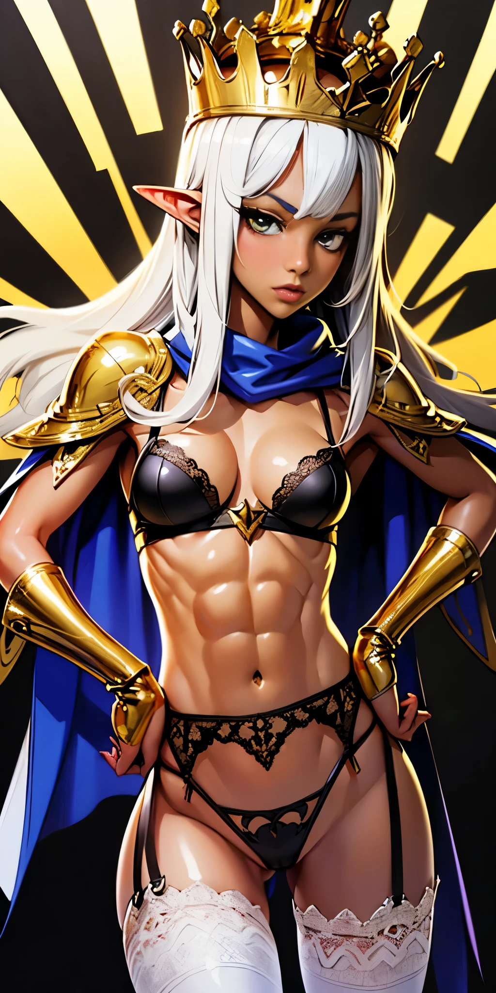 Buzz cut , perfect anatomy 1 girl tall solo, ((black skin:1.3)), slim thick,  colored skin, ((muscular)) high dark elf toned body, silver pasties on breasts, ((small breasts:1.4)), metal silver cape, slendered abs, ((garter belt on hips)), midriff exposed, ((pressed cleavage:1.3)), hourglass waist, detailed face, defined cheekbones, puffy lips, gauntlets, (((tall gold crown))), shadow over eyes, looking at viewer, masterpiece, ((white thigh high lingerie))