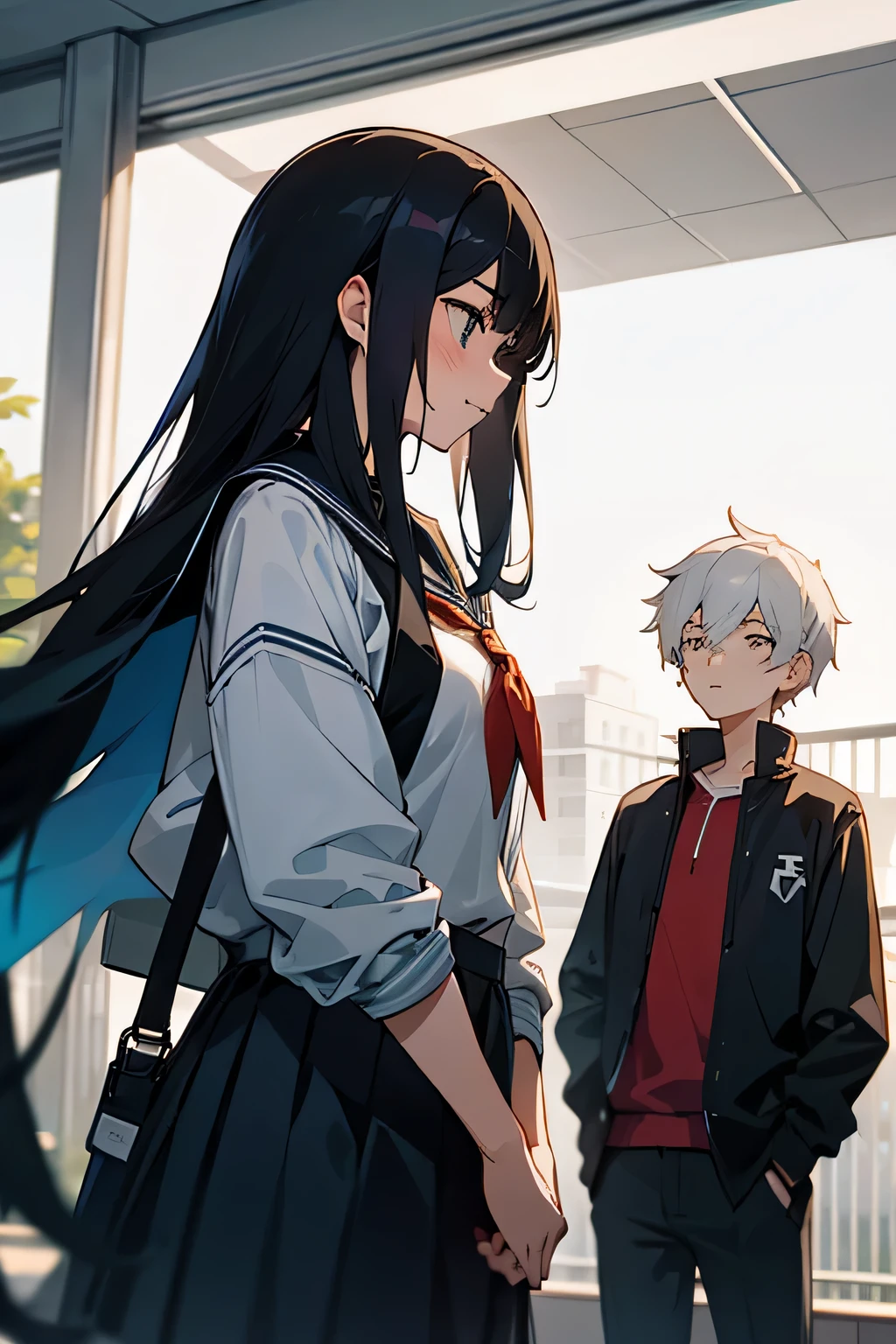 Two people, a boy and a girl, at school,High school girl with long black hair,Passed by a male high school student with short white hair,no conversation,passers-by
