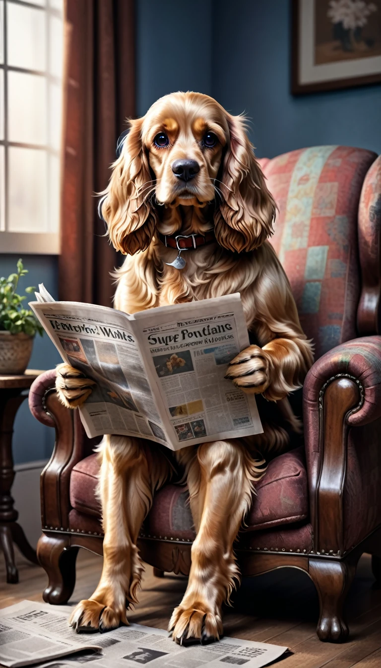 Cute happy cocker spaniel, read newspaper, Sit in a comfortable armchair,illustration,Super detailed,Realistic lighting,bright colors,Soft lighting atmosphere