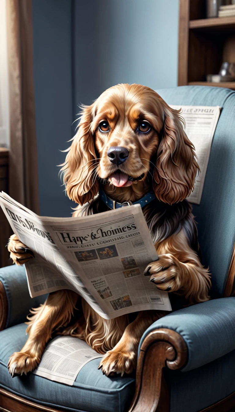 Cute happy cocker spaniel, read newspaper, Sit in a comfortable armchair,illustration,Super detailed,Realistic lighting,bright colors,Soft lighting atmosphere