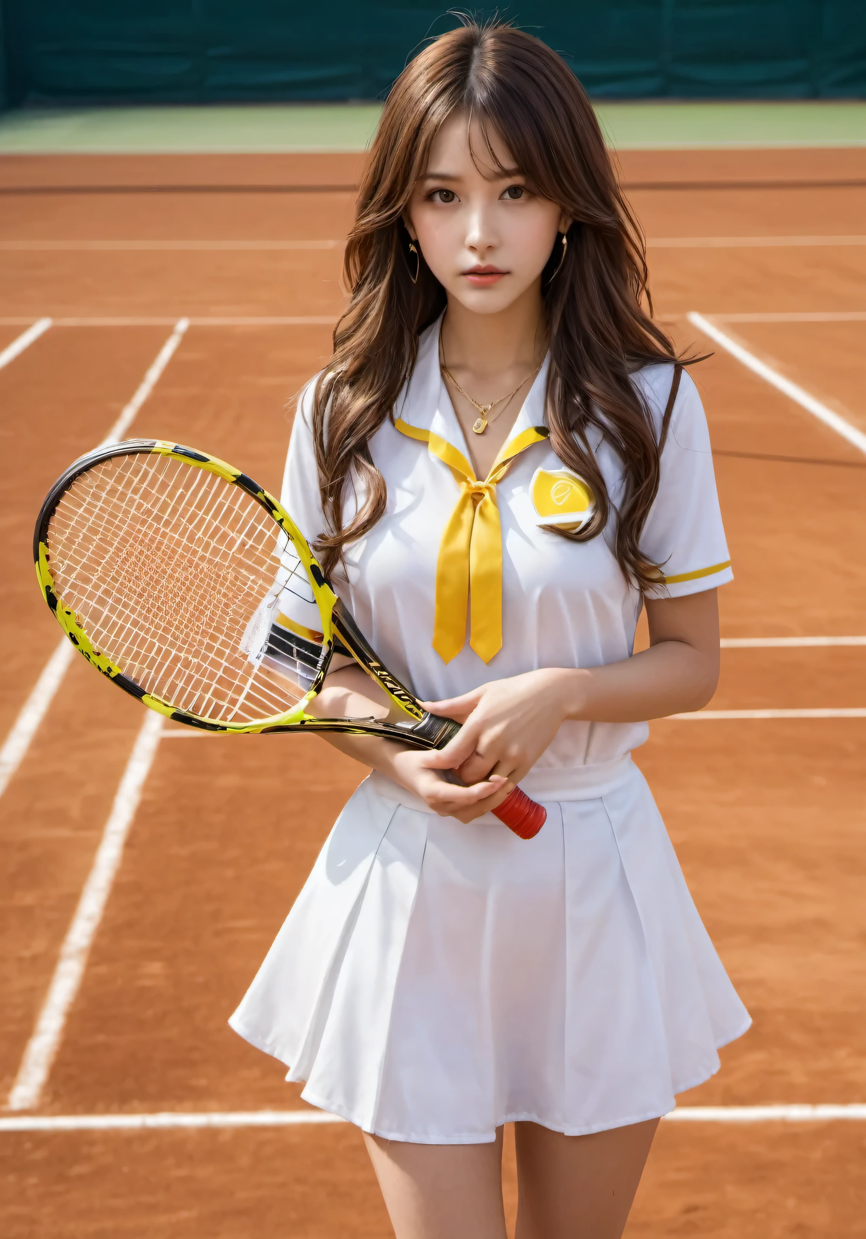 hotograph, disorganized, High resolution, super detailed, maid girl,:d,((Hair with loose waves inside:1.2)),((gold necklace_Large earrings:1.2)),((Super long brown hair:1.2))((Tennis costume (((tennis field))), outside:1.3)),((look down at the viewer,from below:1.5)),