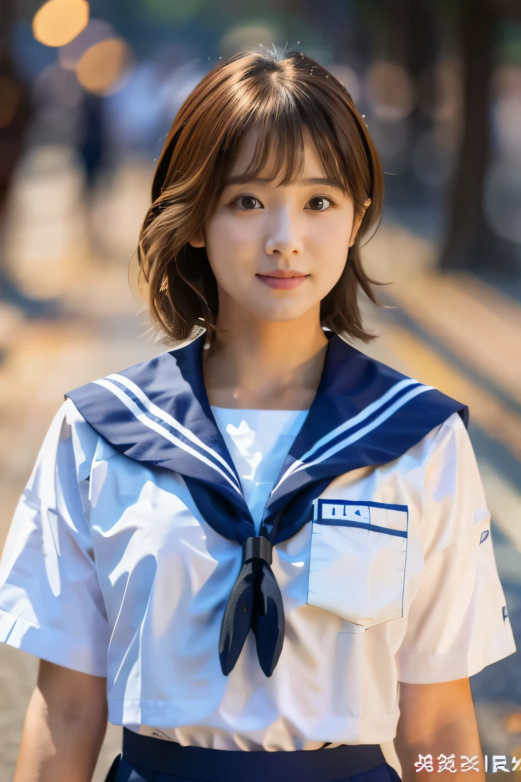 highest quality, masterpiece, high detail, 16K quality, beautiful , light brown short cut hair, Light brown beautiful eyes, high school girl uniform, (sailor suit:1.5), Voluptuous big breasts, she is looking at the camera, A dreamy look,shy smile、Outstanding style like a model、(night), rain, walk, city lights, delicate face, Wet Organza Shirt, Wet Organza Skirt
