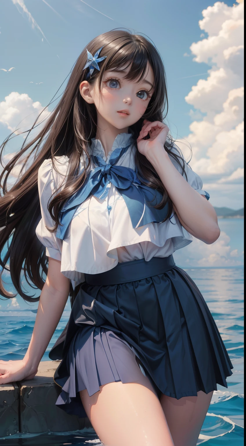 1 girl、alone、blue sky、Ocean、short skirt、(Highly intricate and detailed background of a vast blue sky with thick, The fluffy clouds'Reach out and touch)、(Vast and detailed backgrounds, tranquil Ocean with sparkling waves and schools of fish swimming below)、Wear a fitting、 elegant、A blue short skirt that accentuates feminine curves。Girl admires the breathtaking view、With surprised eyes、A smile tugged at the corners of his lips...。Flowing down my shoulders、Dark hair framing the face、long hair、bangs、Two-dimensional beautiful girl、big breasts