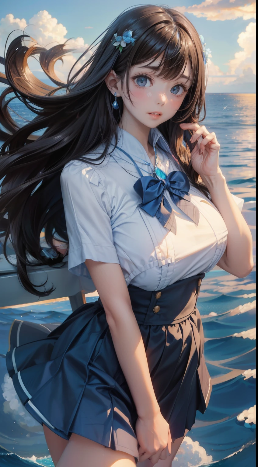 1 girl、alone、blue sky、Ocean、short skirt、(Highly intricate and detailed background of a vast blue sky with thick, The fluffy clouds&#39;Reach out and touch)、(Vast and detailed backgrounds, tranquil Ocean with sparkling waves and schools of fish swimming below)、Wear a fitting、 elegant、A blue short skirt that accentuates feminine curves。Girl admires the breathtaking view、With surprised eyes、A smile tugged at the corners of his lips...。Flowing down my shoulders、Dark hair framing the face、long hair、bangs、Two-dimensional beautiful girl、big breasts