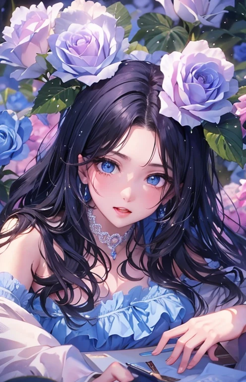 ((highest quality)), ((masterpiece)), (get used to it), perfect face , beautiful girl , beautiful long black hair , beautiful blue eyes , In underwear ,  Blue roses scattered , lying on the bed ,