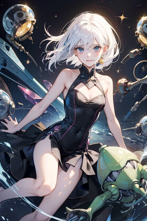 a girl, wildly colored short hair, dark fantasy, teal simple and short dress, barefoot, cosmic nebula background, stars, galaxies