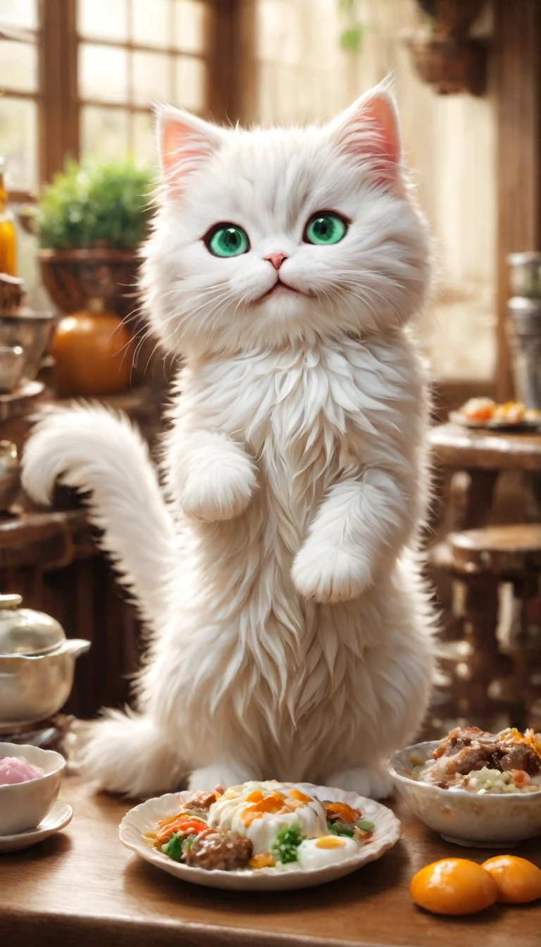 (with small steps、in the middle of meal、heterochromatic eyes),,cute little,masterpiece,top quality,Hairy,,joy,anatomically correct,,fantasy,Cat,with small steps,heterochromatic eyes