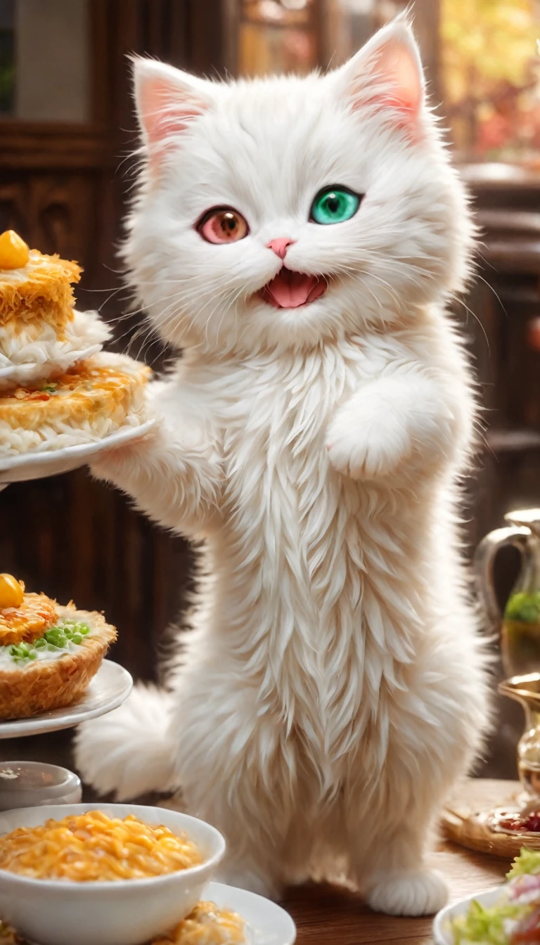 (with small steps、in the middle of meal、heterochromatic eyes),,cute little,masterpiece,top quality,Hairy,,joy,anatomically correct,,fantasy,Cat,with small steps,heterochromatic eyes