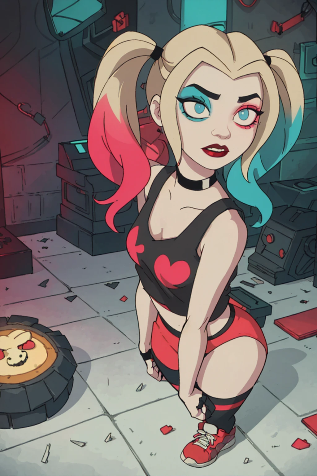 (Harley Quinn, harleyquinn:1.0), blonde pigtails with blue and pink ends, blue eyes, red lipstick, pink and blue eye shadow, heart on cheek, (half red and black crop top tank top, red and black underwear:1.2), sneakers with pom pom, black necklace, pale white skin, (full-body-shot:1), (Cowboy-shot:1.2),neon lighting, dark romantic lighting, (highly detailed:1.2),(detailed face:1.2), (gradients), colorful, detailed eyes, (detailed landscape:1.2), (natural lighting:1.2),(detailed background),detailed landscape, (cute pose:1.2), 