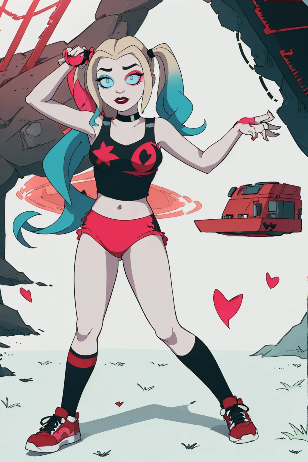 (Harley Quinn, harleyquinn:1.0), blonde pigtails with blue and pink ends, blue eyes, red lipstick, pink and blue eye shadow, heart on cheek, (half red and black crop top tank top, red and black underwear:1.2), sneakers with pom pom, black necklace, pale white skin, (full-body-shot:1), (Cowboy-shot:1.2),neon lighting, dark romantic lighting, (highly detailed:1.2),(detailed face:1.2), (gradients), colorful, detailed eyes, (detailed landscape:1.2), (natural lighting:1.2),(detailed background),detailed landscape, (cute pose:1.2), 